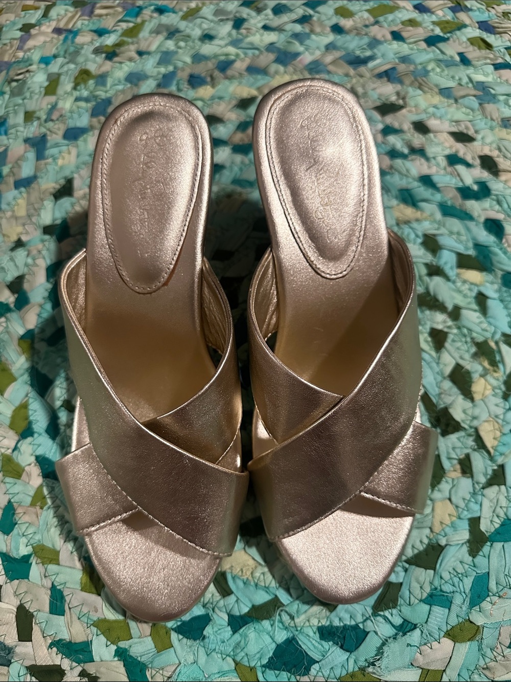 Lilly Pulitzer Women's Cork Wedge Gold Slide Leather Sandals size 7.5